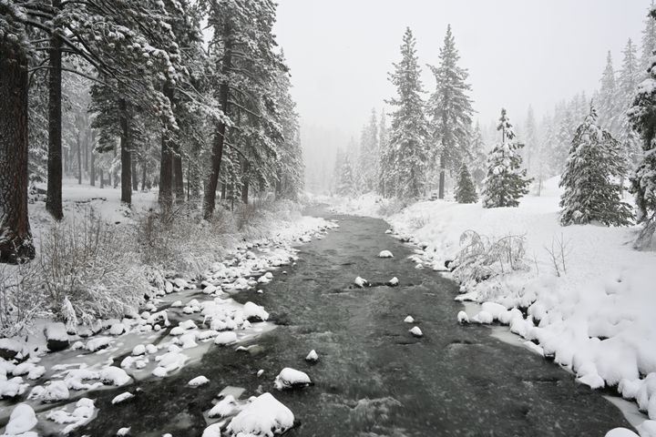 A view of snow blanketed Truckee River in Truckee, California, United States on March 1, 2024 as blizzard warning issued for California's Sierra Nevada.