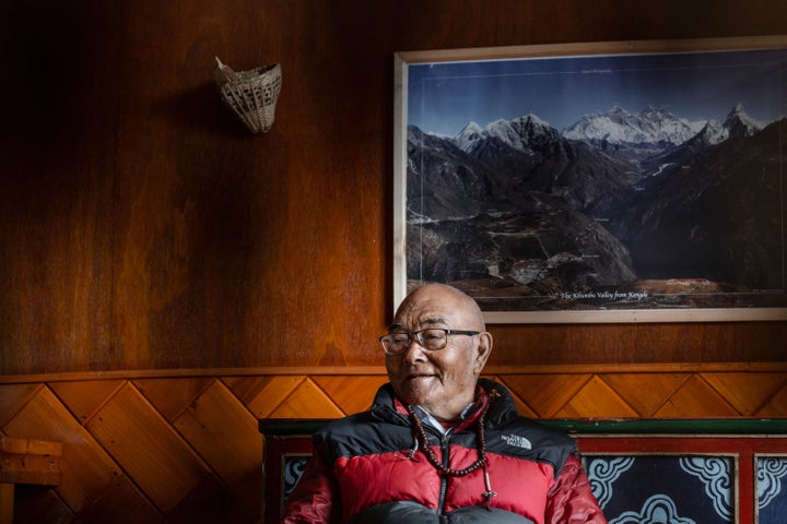 In this picture taken on May 28, 2023, Kancha Sherpa, a team member of the 1953 Mount Everest expedition which placed Tenzing Norgay and Edmund Hillary on the summit of the world's highest mountain, looks on during an interview on the eve of International Everest Day, at Namche Bazar in Solukhumbu district, northeast of Kathmandu. 