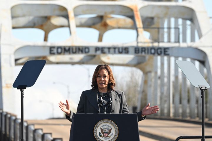 Vice President Kamala Harris speaks at the Edmund Pettus Bridge during an event to commemorate the 59th anniversary of "Bloody Sunday" in Selma, Alabama, on Sunday.