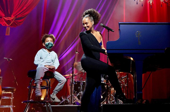 Alicia Keys plays with her son Genesis in New York on Nov. 11, 2021. She explained how he insisted she help him get in touch with Billie Eilish in a behind-the-scenes look at her Super Bowl Halftime performance.