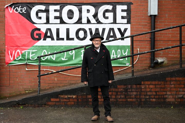 The new Workers Party Member of Parliament for Rochdale, George Galloway poses for a photograph outside his campaign headquarters in Rochdale, northern England on March 1, 2024.