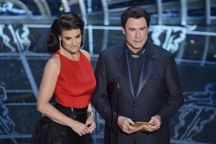 Menzel and Travolta at the 2015 Academy Awards. The two were invited to present together following Travolta's gaffe a year prior.