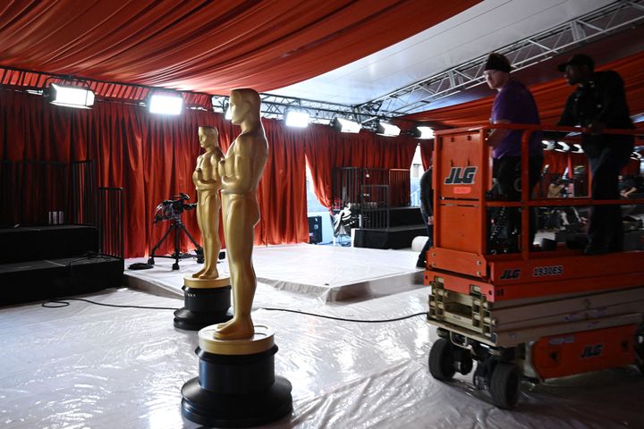 The Oscars red carpet area being assembled in 2023