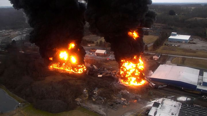 A frame grab from drone video taken by the Columbiana County Commissioner’s Office shows towering flames and columns of smoke from the "controlled" burn in East Palestine, Ohio, on Feb. 6, 2023. 