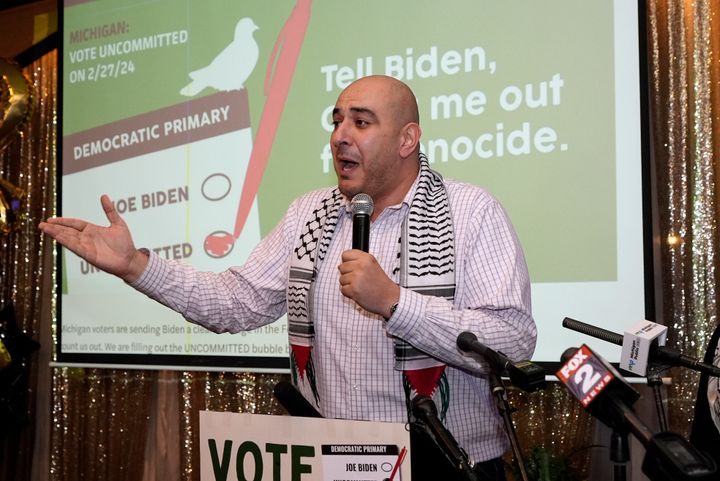 Abbas Alawich speaks during an election night gathering, Tuesday, Feb. 27, 2024, in Dearborn, Mich. 