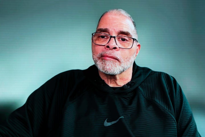 Sinbad speaks to an audience at Morehouse College via video on Feb. 29. It was his first public appearance in years.