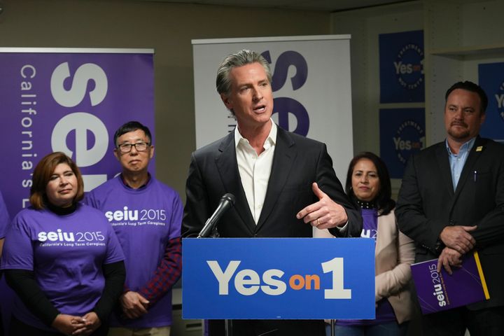 California Gov. Gavin Newsom speaks at a Proposition 1 campaign event at the Service Employees International Union office in San Francisco, on March 4, 2024.