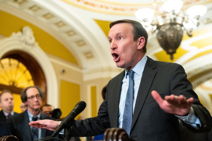 Sen. Chris Murphy (D-Conn.) speaks about Republicans abandoning the bipartisan border deal during a press conference in the U.S. Capitol on Feb. 6.