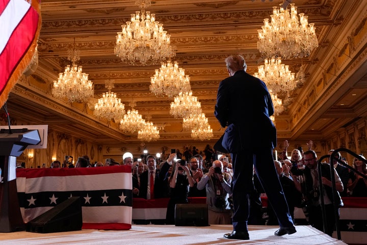 Republican presidential candidate former President Donald Trump arrives to speak at a Super Tuesday election night party Tuesday, March 5, 2024, at Mar-a-Lago in Palm Beach, Fla. (AP Photo/Evan Vucci)