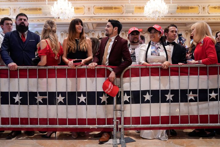 Supporters gather before Republican presidential candidate former President Donald Trump speaks at a Super Tuesday election night party Tuesday, March 5, 2024, at Mar-a-Lago in Palm Beach, Fla. (AP Photo/Evan Vucci)