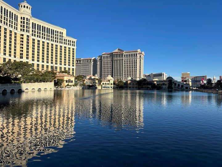 This photo of Wednesday, March 6, 2024, shows the fountain lake at the Bellagio resort on the Las Vegas Strip. Hotel officials said in a social media post Tuesday March 5, 2024, that the popular “dancing fountains” show had been paused to allow Nevada state wildlife officials to rescue a rare yellow-billed loon that found its way to the artificial lake. (AP Photo/Ken Ritter)