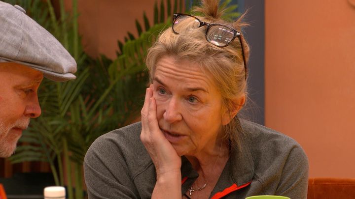 Fern Britton speaking to Gary Goldsmith in the Celebrity Big Brother house