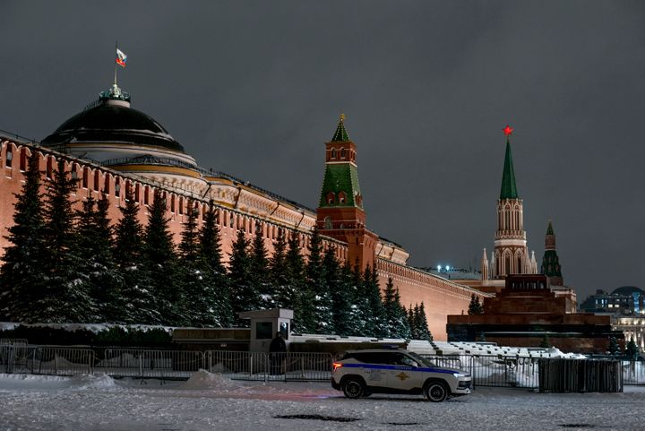 Kremlin wall at night, Shot in Moscow, Russia in January 2024