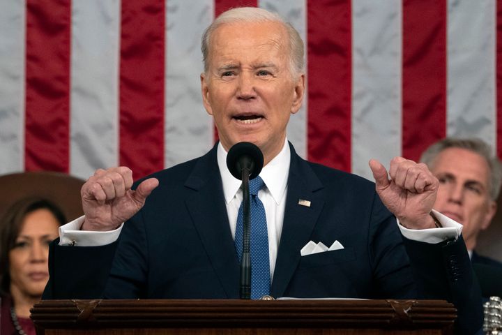 FILE - President Joe Biden delivers the State of the Union address to a joint session of Congress at the U.S. Capitol, Feb. 7, 2023, in Washington, as Vice President Kamala Harris and House Speaker Kevin McCarthy of Calif., listen. (AP Photo/Jacquelyn Martin, Pool, File)