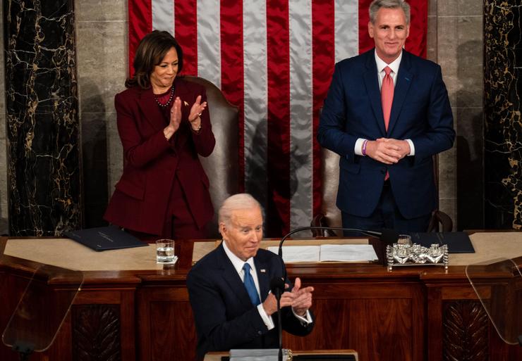 President Joe Biden speaks as Vice President Kamala Harris and House Speaker Kevin McCarthy (R-Calif.) listen during a State of the Union address at the U.S. Capitol, Feb. 7, 2023, in Washington, D.C.