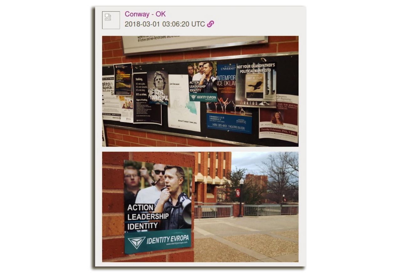"Conway" posted photos of Identity Evropa propaganda he claimed to have placed on universities across Oklahoma. 
