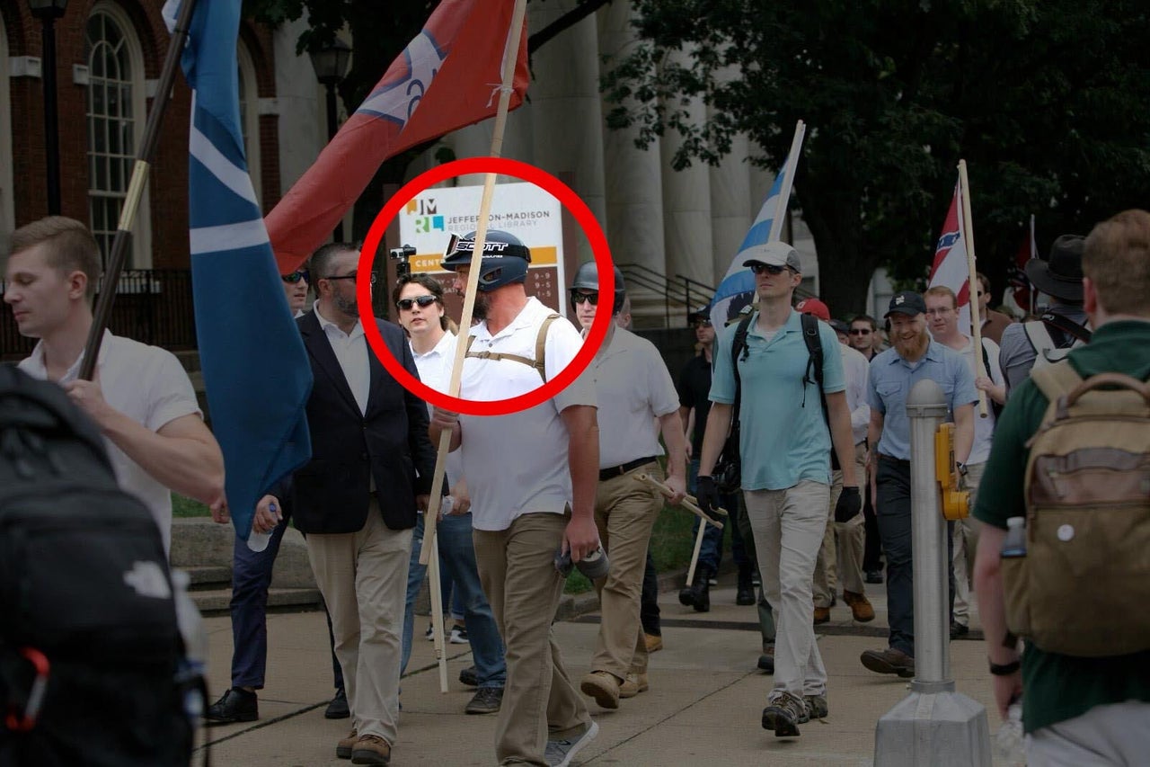 A photo taken by HuffPost of a participant in the 2017 Charlottesville rally. Anti-fascists and Right Wing Watch later identified this man as Judson Blevins.