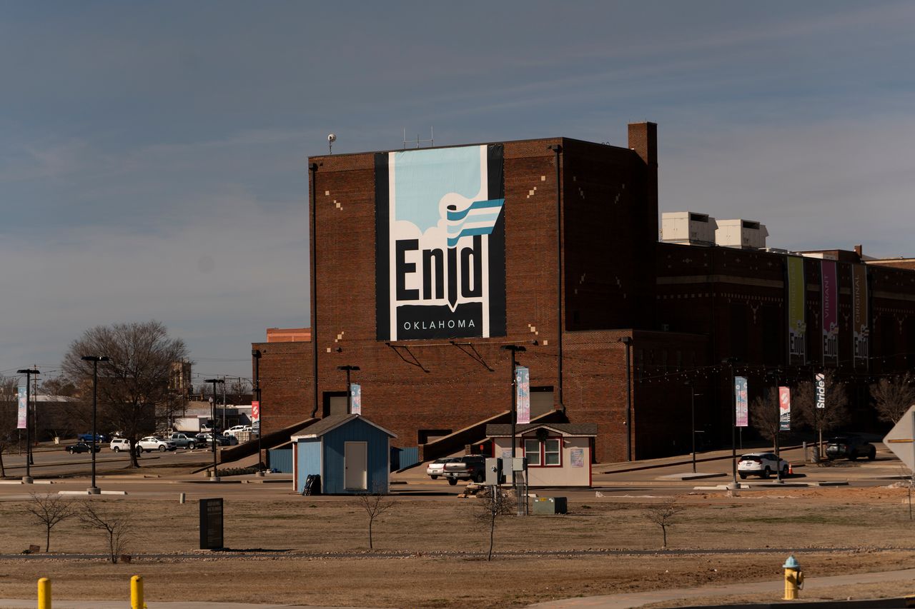 A mural welcomes visitors to town in Enid, Oklahoma February 20, 2024. 