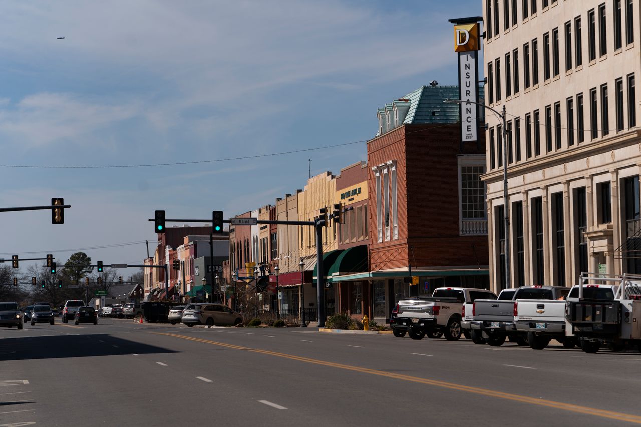 Shops line the streets of downtown in Enid, Oklahoma February 20, 2024. 