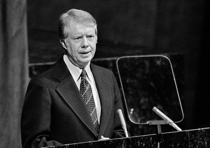 President Jimmy Carter addresse the U.N. General Assembly in New York on March 17, 1977.