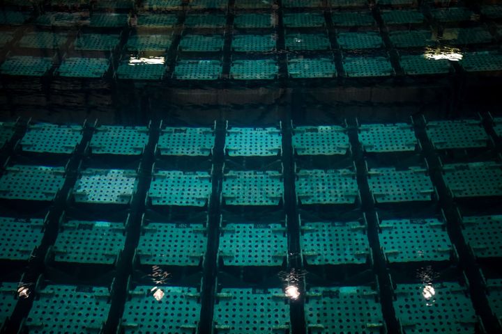 Waste baskets in a nuclear spent fuel pool are shown in December 2022 at the Orano la Hague nuclear fuel reprocessing plant in northwest France.