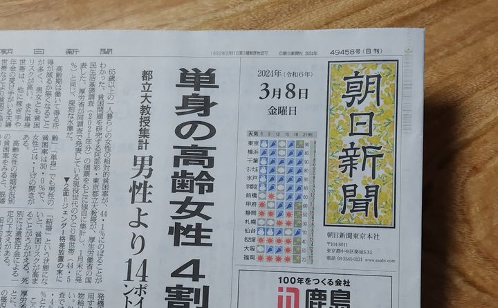 国際女性デーに合わせて黄色いミモザをあしらった題字を採用した朝日新聞の3月8日付朝刊