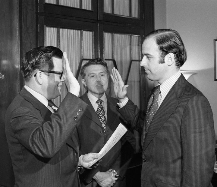 Biden is sworn in for his first term in the Senate in 1972. Elected at age 29, and sworn in at age 30, he was the youngest member of the Senate when he took office.