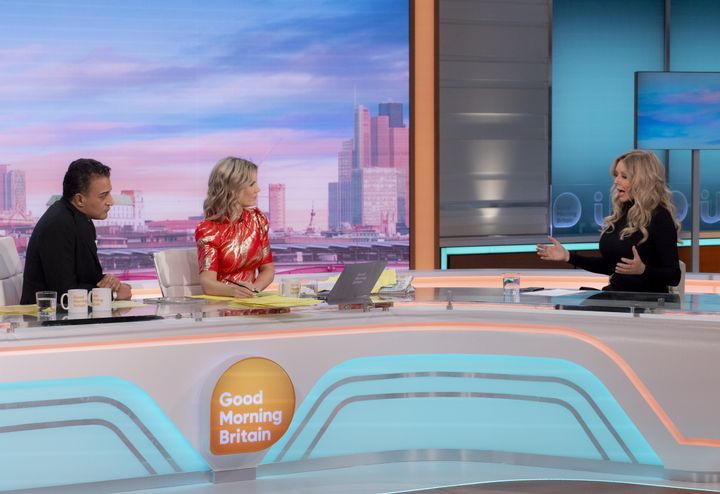 Adil Ray and Charlotte Hawkins interviewing Carol Vorderman on Friday