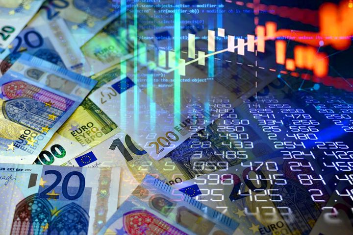 Euro cash banknotes and stock market indicators (money, business, finance, crisis, success, devaluation, inflation)