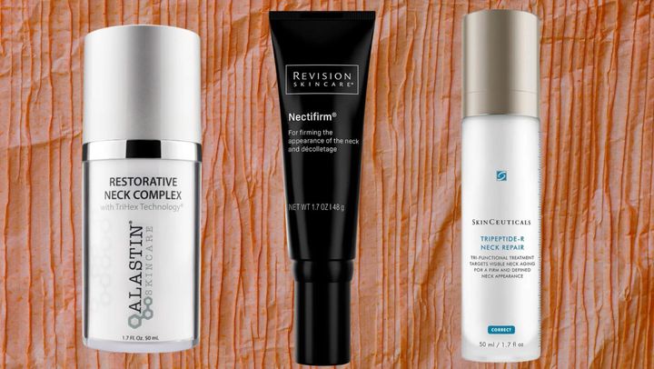 A restorative neck complex, Revision Skincare's Nectifirm cream and a tri-peptide neck treatment by SkinCeuticals.