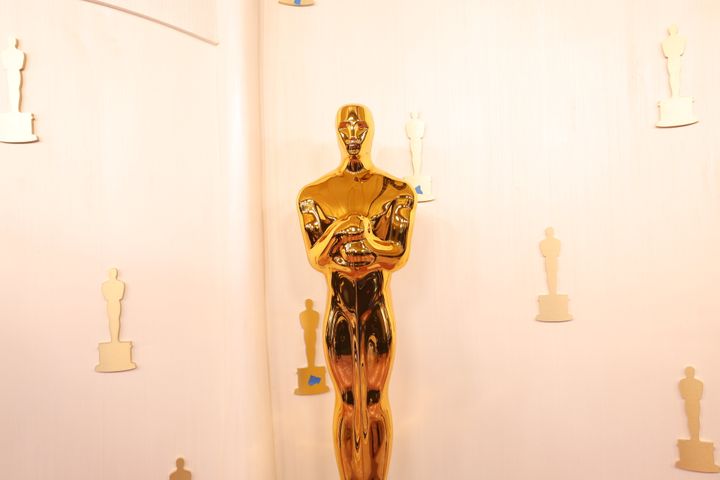 A large Oscar statue is seen on the red carpet during the setup for the Academy Awards on March 7 in Los Angeles.