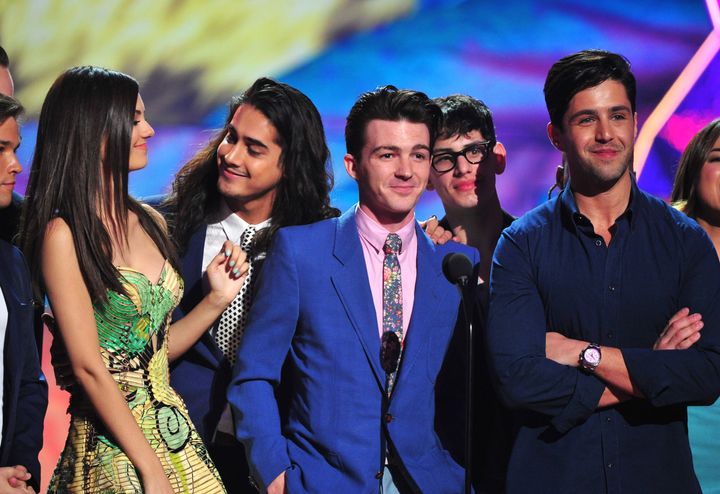 Actors Victoria Justice, Avan Jogia, Drake Bell and Josh Peck speak onstage during Nickelodeon's 27th Annual Kids' Choice Awards in March 2014.
