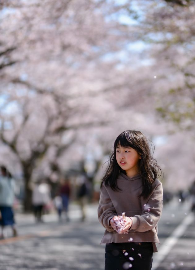 「手からあふれる春」（2021年撮影、夜の森の桜並木で）