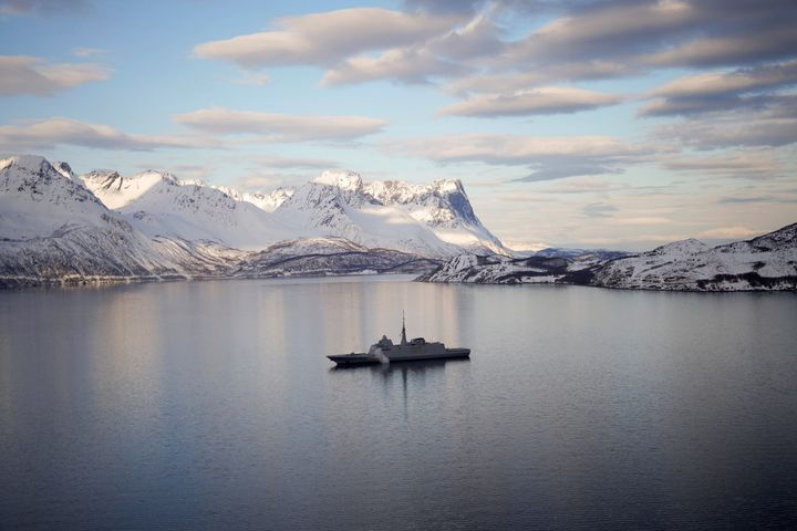The French navy frigate Normandie patrols a Norwegian fjord on March 6. 