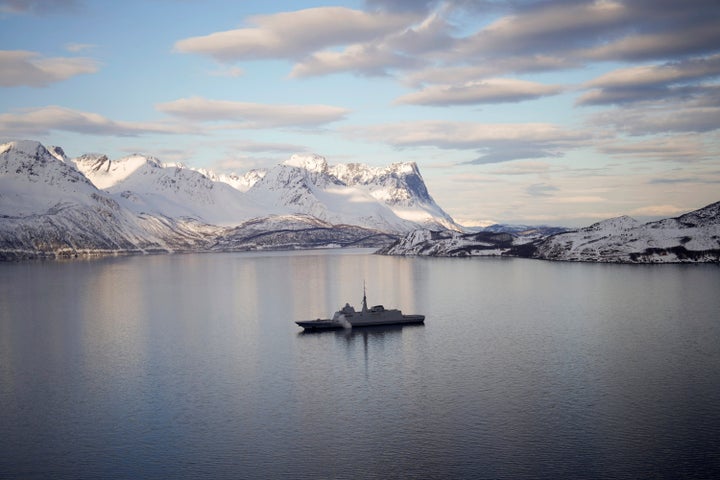 The French navy frigate Normandie patrols a Norwegian fjord on March 6.