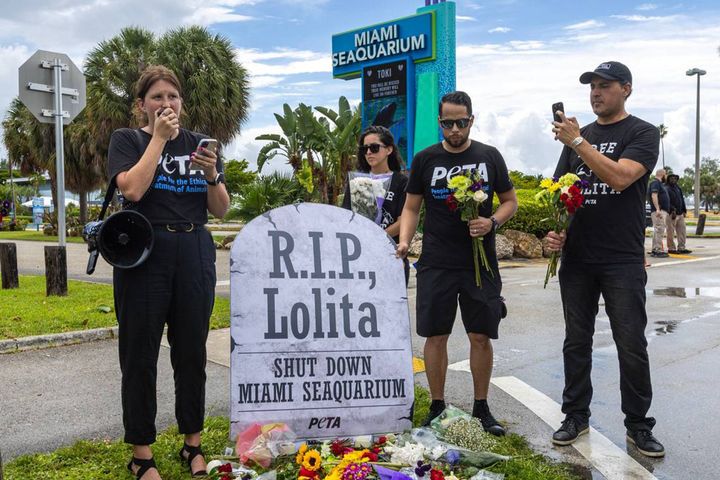 PETA organizer Amanda Brody leads a eulogy in front of volunteers, activists and media alongside a makeshift memorial during a vigil hosted by PETA for Lolita the killer whale, also known as Toki, outside Miami Seaquarium in Key Biscayne, Florida, on Saturday, Aug. 19, 2023.