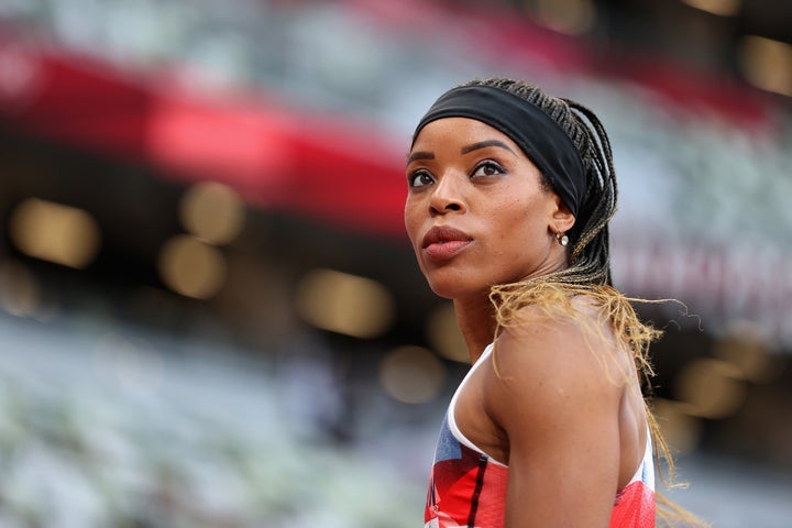 Abigail Irozuru of Team Great Britain competes in the Women's Long Jump Qualification on day nine of the Tokyo 2020 Olympic Games at Olympic Stadium