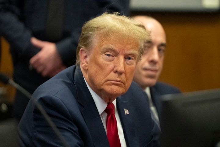 Former President Donald Trump attends a pre-trial hearing in Manhattan Criminal Court on February 15, 2024 in New York City. Trump was charged with 34 counts of falsifying business records last year, which prosecutors say was an effort to hide a potential sex scandal, both before and after the 2016 presidential election.