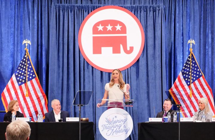 Lara Trump, daughter-in-law of former US President Donald Trump, speaks at the Republican National Committee (RNC) Spring meeting on March 8, 2024, in Houston, Texas. The RNC elected Lara Trump co-chair of the committee and Michael Whatley as chairman, tightening the former president's grip over the party ahead of the November election. (Photo by CECILE CLOCHERET/AFP via Getty Images)