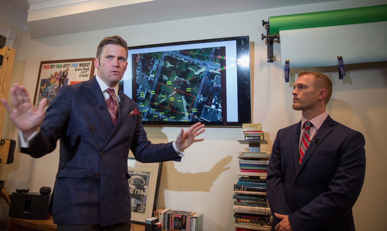 Identity Evropa founder Nathan Damigo, right, holds a press conference with white supremacist Richard Spencer, left, on August 14, 2017, two days after the violent "Unite The Right" rally.
