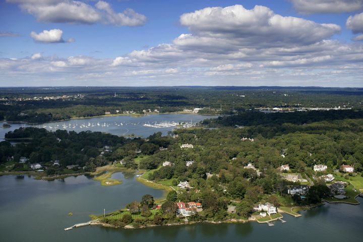 An aerial view of mansions along the coastline of southeastern Connecticut, near Greenwich.