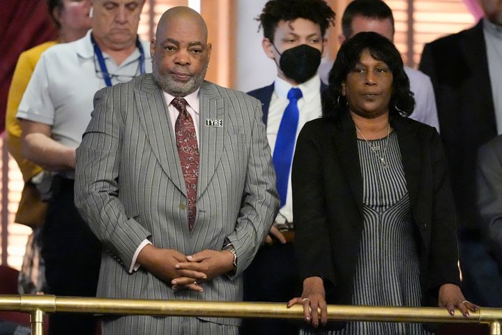 Rodney and RowVaughn Wells, the parents of Tyre Nichols, attend a session of the Tennessee legislature on March 4 in Nashville. Nichols was beaten by five Memphis police officers during a traffic stop and died of his injuries in January 2023.