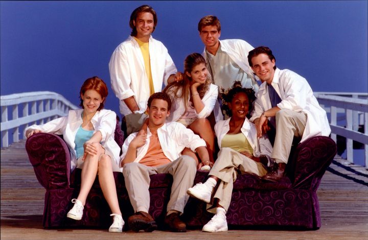 The cast of Boy Meets World (left to right): Maitland Ward, Will Friedle, Ben Savage, Danielle Fishel, Matthew Lawrence, Trina McGee and Rider Strong.