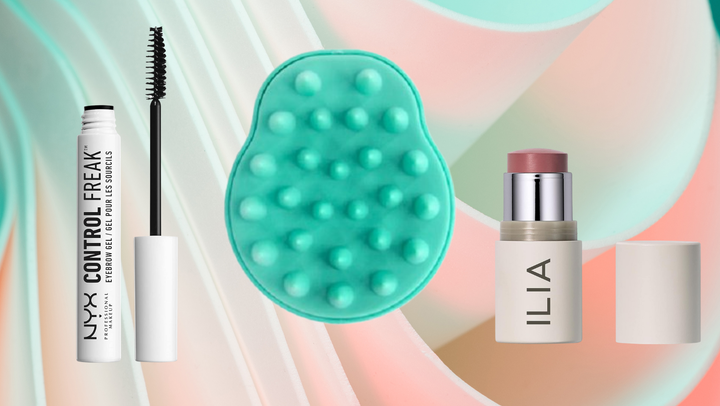 A blendable multi-stick, clear eyebrow gel and scalp massager