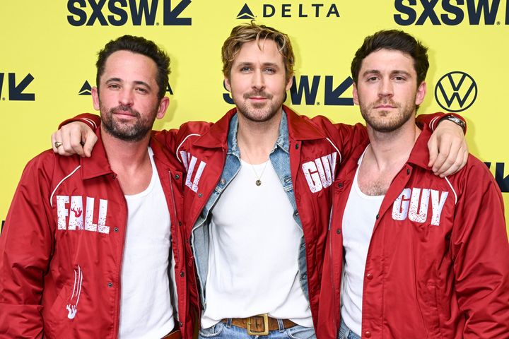 Holladay (left) and Gosling with fellow "Fall Guy" stuntman Ben Jenkin.