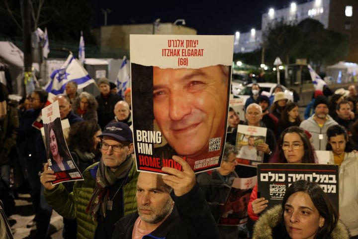 Relatives and supporters of hostages held by Hamas in Gaza since the attack on October 7, 2023, rally in front of the Israeli Parliament (Knesset) to demand their release, on March 13, 2024.