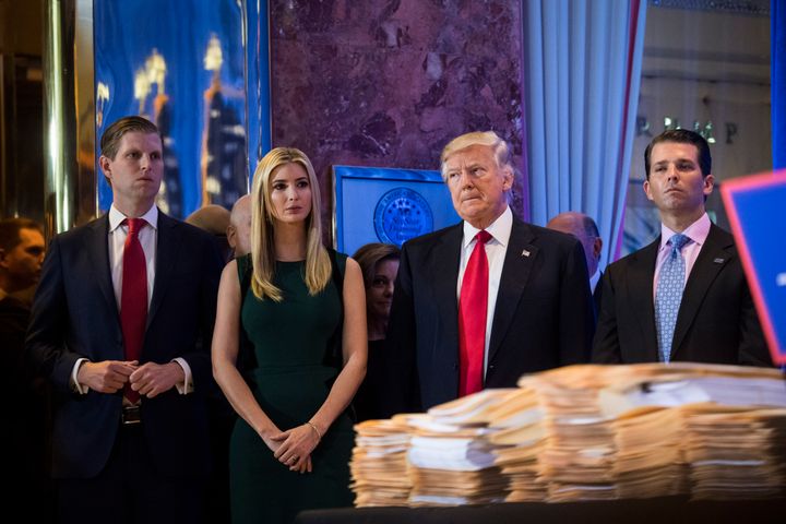 From left, Eric Trump, Ivanka Trump, Donald Trump and Donald Trump Jr. held a press conference announcing that President-elect Trump would not divest from his business on Jan. 11, 2017.