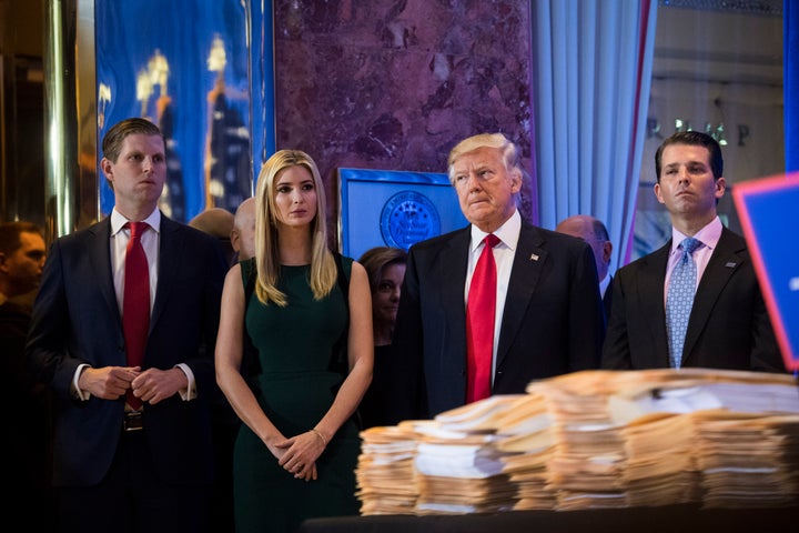 From left, Eric Trump, Ivanka Trump, Donald Trump and Donald Trump Jr. held a press conference announcing that President-elect Trump would not divest from his business on January 11, 2017.