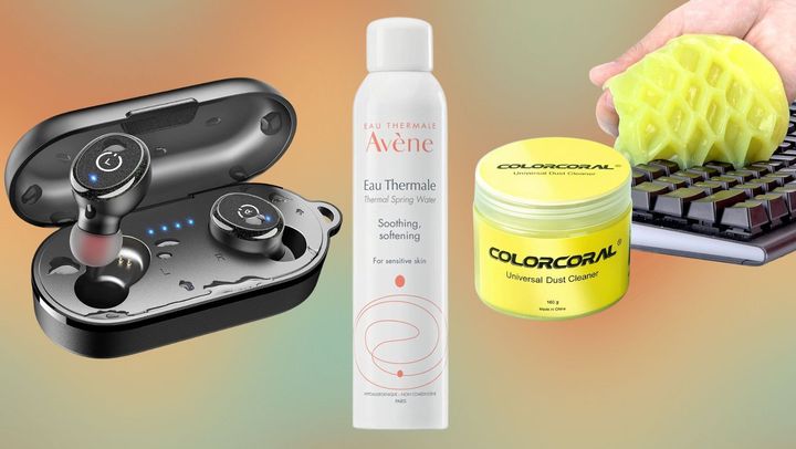 A pair of waterproof Bluetooth earbuds, a soothing facial mist and a cleaning putty.