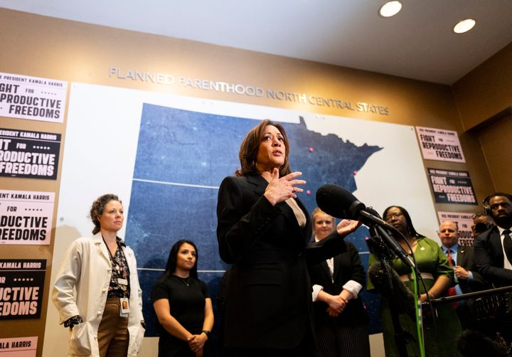 Vice President Kamala Harris speaks during her visit to a Planned Parenthood clinic in Saint Paul, Minnesota, on Thursday. Harris toured an abortion clinic, highlighting a key election issue in what U.S. media reported was the first such visit by a president or vice president.